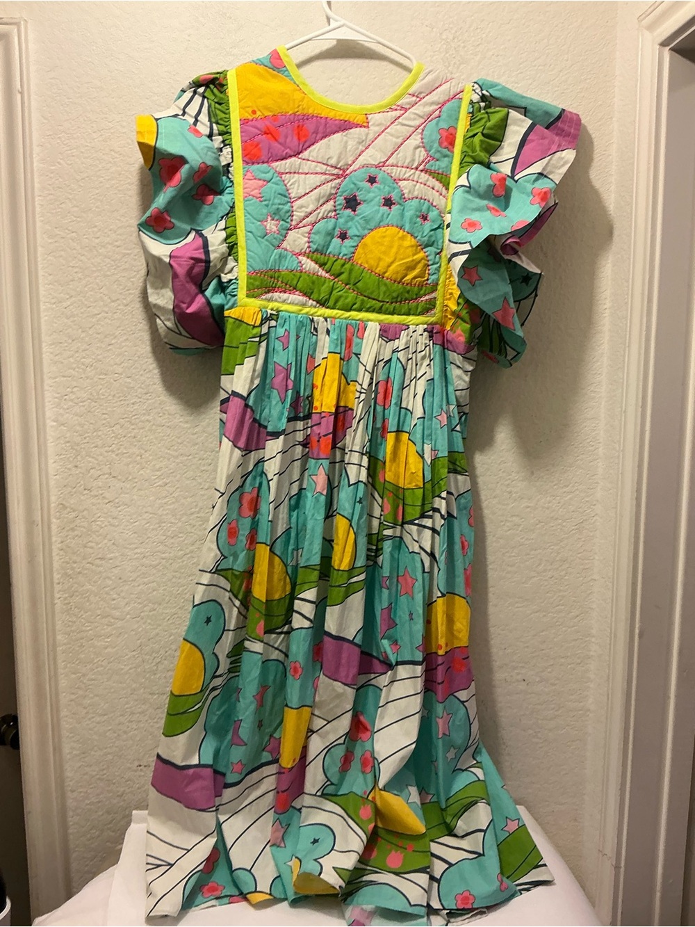 Manoush Printed Casual Maxi Dress with Flutter Sleeves - Yellow & Aqua